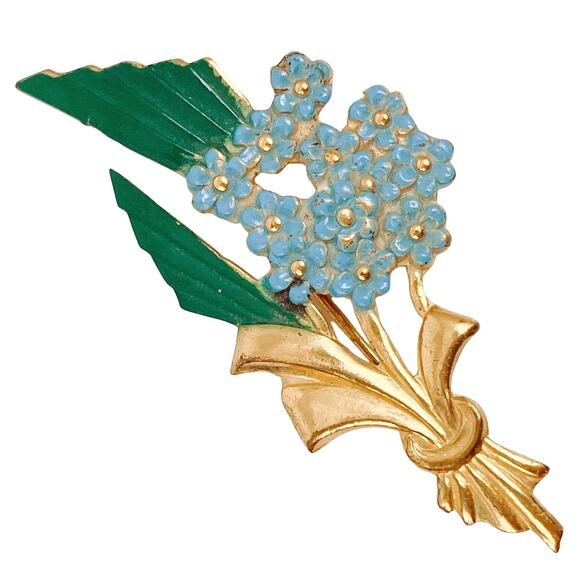 Vintage 10k Gold Plated Blue Flower Bouquet Enamel Forget Me Not Brooch Pin 40s? - Picture 1 of 7